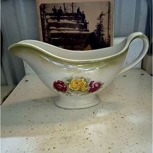 Early 1900s Iridescent Green Gravy Boat with Pink & Yellow Flowers